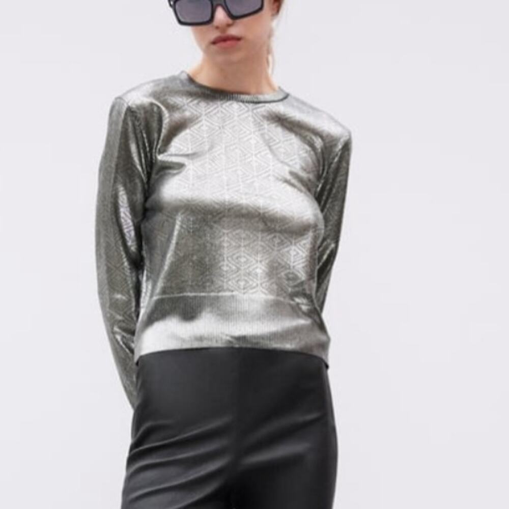 ZARA Metallic Pointelle Sweater Silver Lightweight Medium
